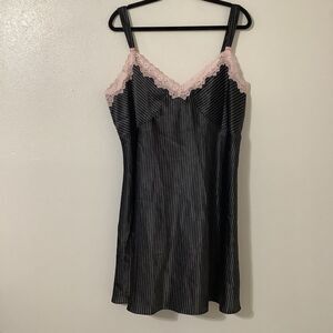 Vintage Y2K Office Siren Pinstripe Coquette Dollette Pink Lace Slip Dress 1X